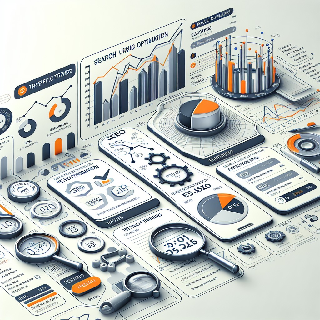 Image de couverture représentant un diagramme d'analyse SEO avec des graphiques de performances et des outils d'optimisation.