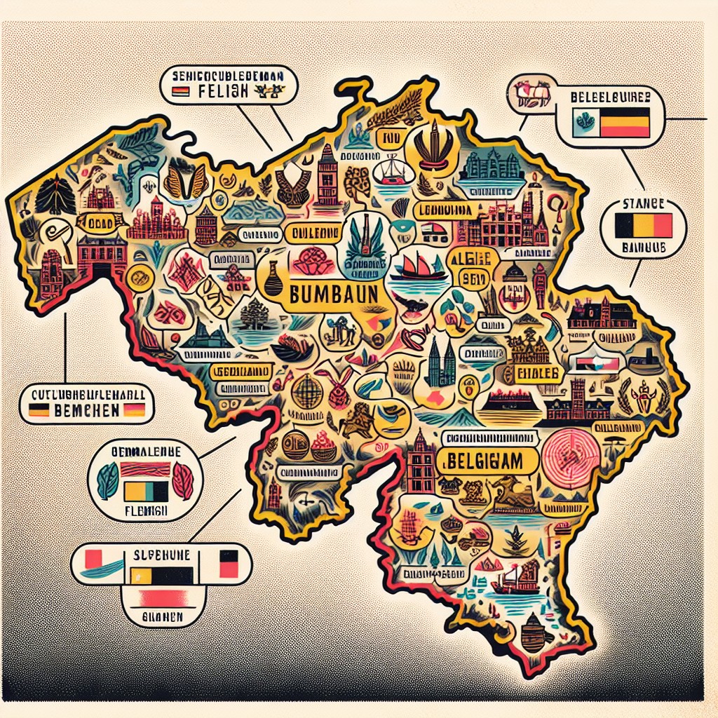 Une carte illustrée de la Belgique segmentée par régions, représentant la diversité culturelle et linguistique.