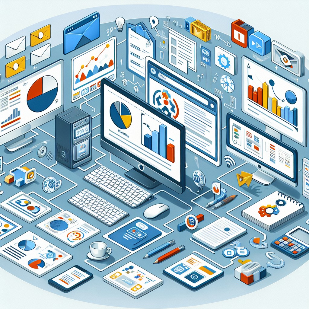 Image illustrant une stratégie de contenu numérique avec des éléments comme des graphiques, des ordinateurs et des documents.