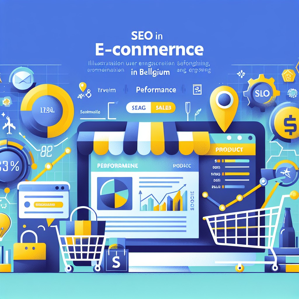 Image de couverture illustrant le SEO pour le e-Commerce en Belgique, avec des graphiques de performance et des éléments de site web.