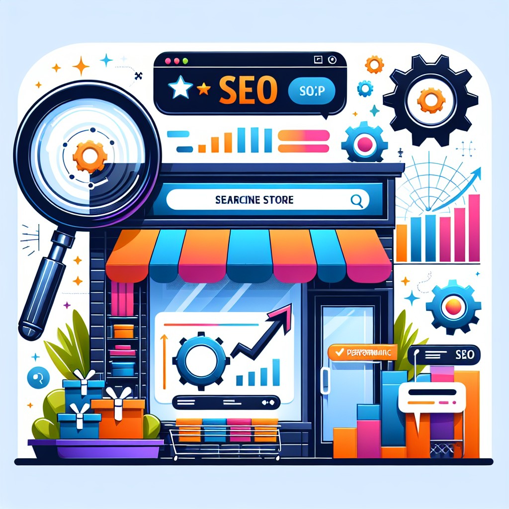 Couverture représentant une boutique en ligne prospère avec des éléments graphiques de SEO et des indicateurs de performance.