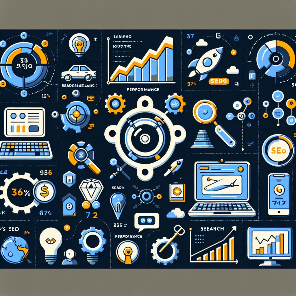 Infographie représentant des éléments clés du SEO avec des graphiques de performance et des symboles de moteurs de recherche