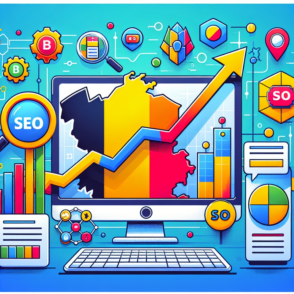 Une illustration représentant l'optimisation SEO pour les entreprises belges, avec des graphiques et des moteurs de recherche.