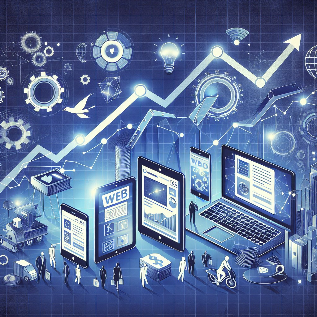 Illustration représentant l'évolution rapide des pratiques web avec des éléments technologiques modernes, des graphiques de croissance et des appareils numériques.