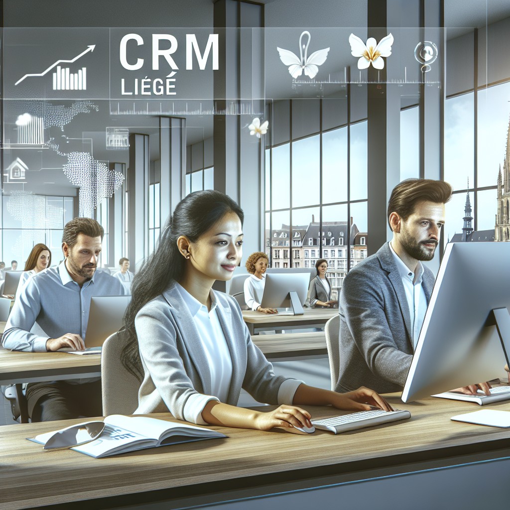 Image de couverture illustrant des professionnels utilisant une plateforme CRM moderne dans un environnement de bureau à Liège.