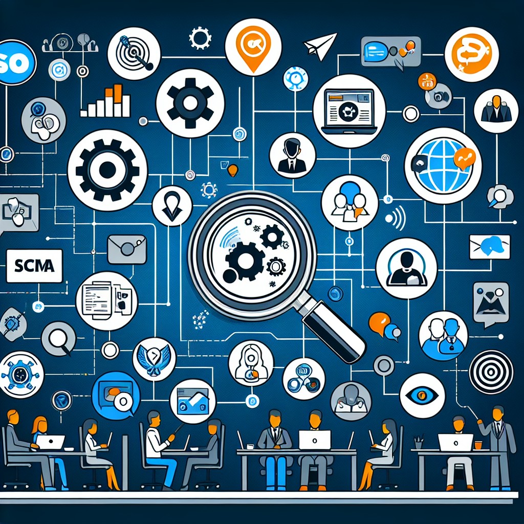 Vue d'ensemble du marketing digital moderne avec des icônes représentant divers aspects : SEO, réseaux sociaux, CRM et publicité en ligne