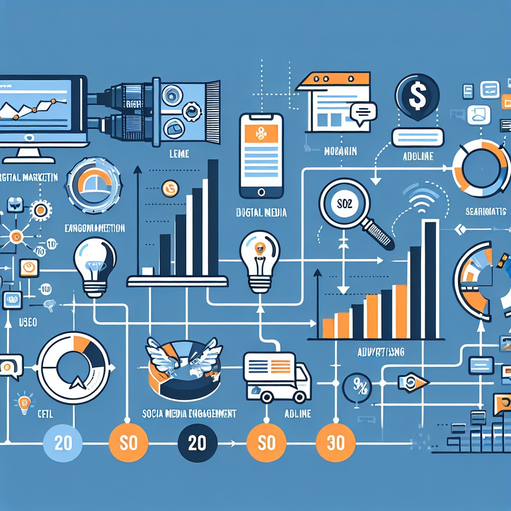 Un graphique montrant diverses stratégies de marketing digital, telles que le SEO, les réseaux sociaux et la publicité en ligne.