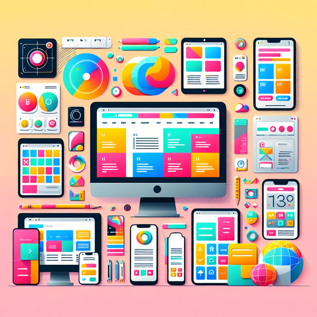 Image représentant des éléments de design web colorés et modernes, avec des écrans d'ordinateurs et de smartphones.