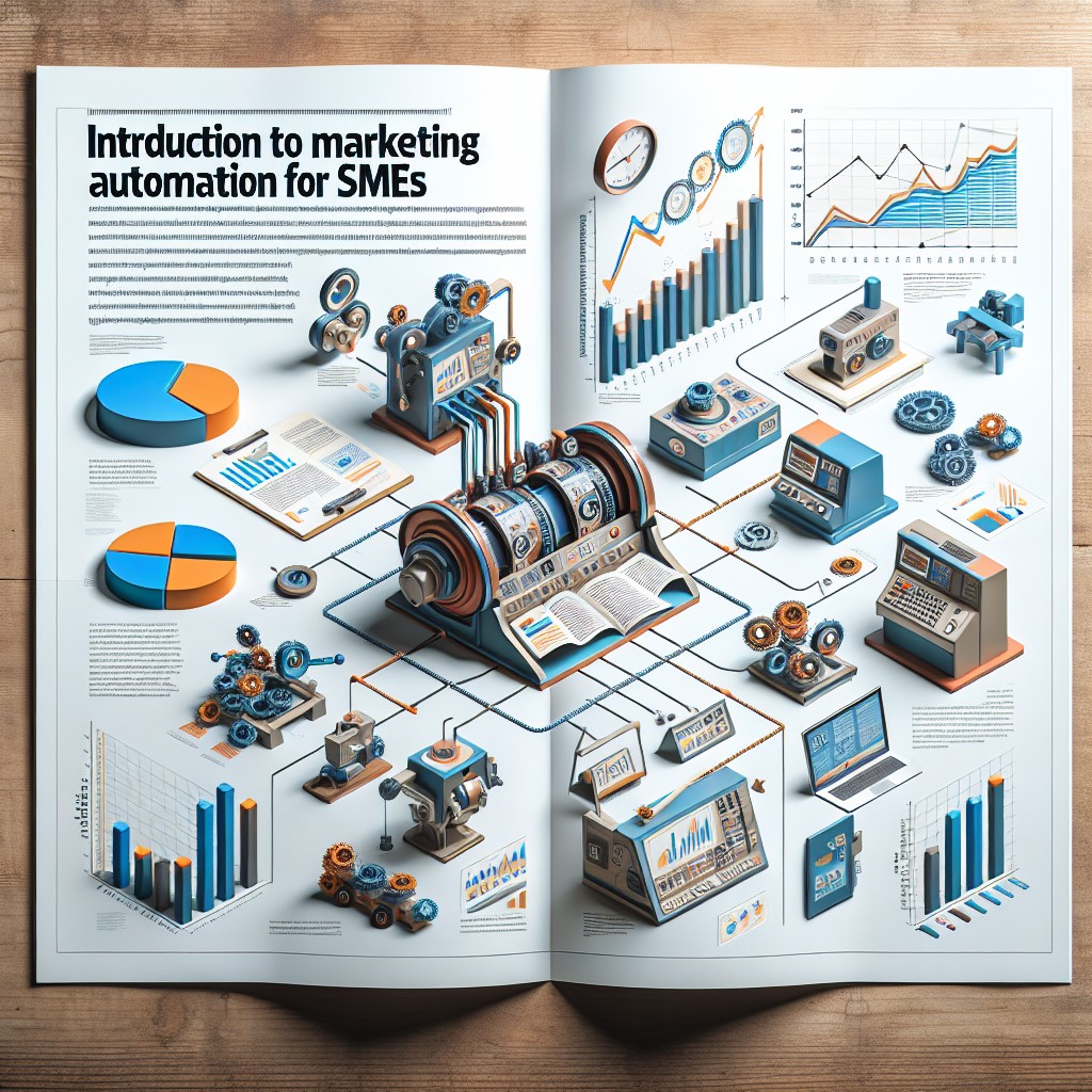 Couverture d'un article sur l'introduction au marketing automation pour les PME, montrant des graphiques et des équipements technologiques illustrant les bénéfices et applications.