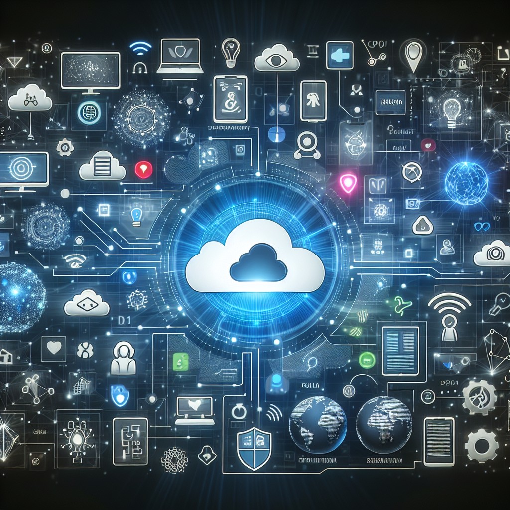 Une illustration représentant divers éléments de technologie digitale comme le cloud computing, l'intelligence artificielle, et des icônes de réseaux sociaux, symbolisant la transformation digitale des entreprises.