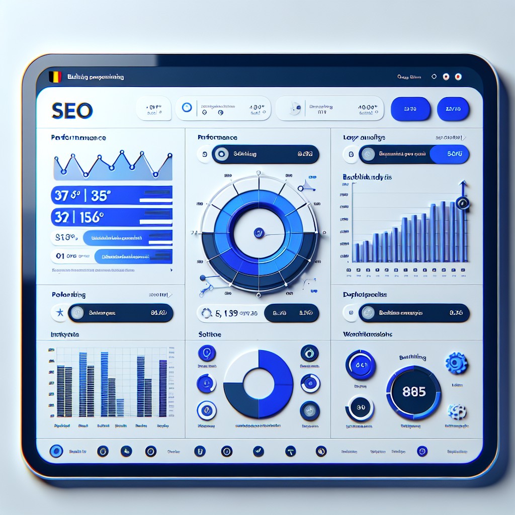 Vue d'écran d'un outil SEO belge avec graphiques de performance et analyses détaillées.