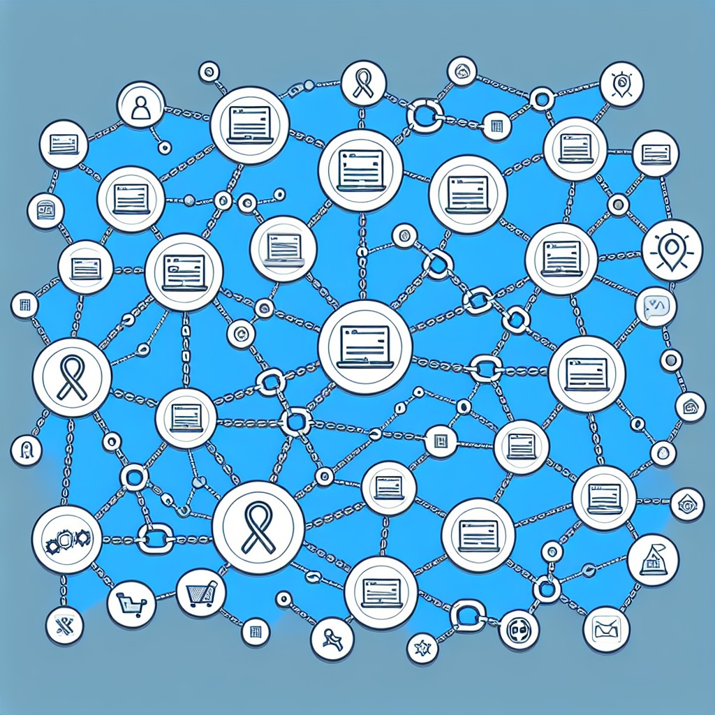 Illustration de diverses chaînes de liens connectant plusieurs sites web, symbolisant les backlinks et leur importance en SEO.