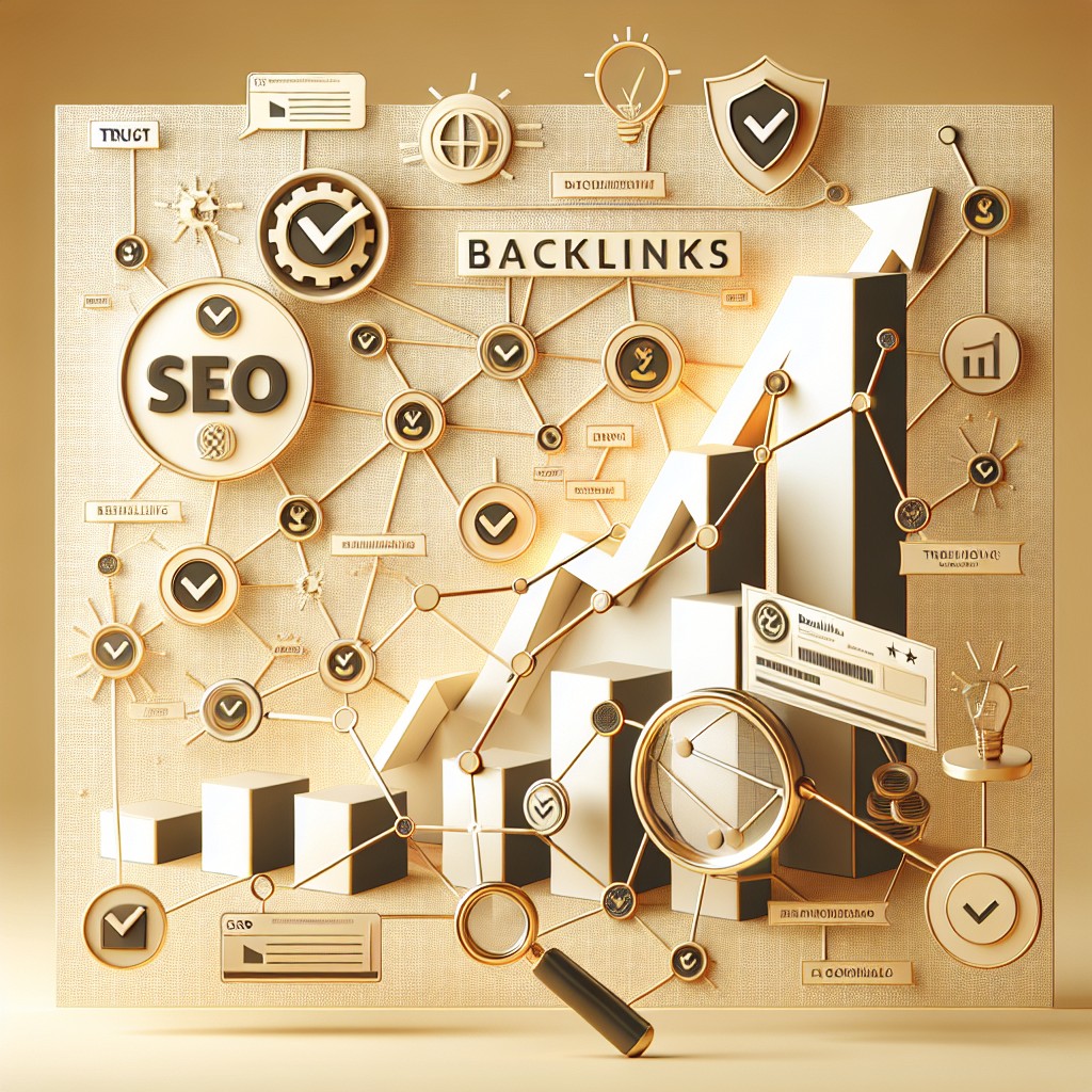 Couverture représentant l'importance des backlinks pour le SEO avec des graphiques de croissance et des symboles de confiance.