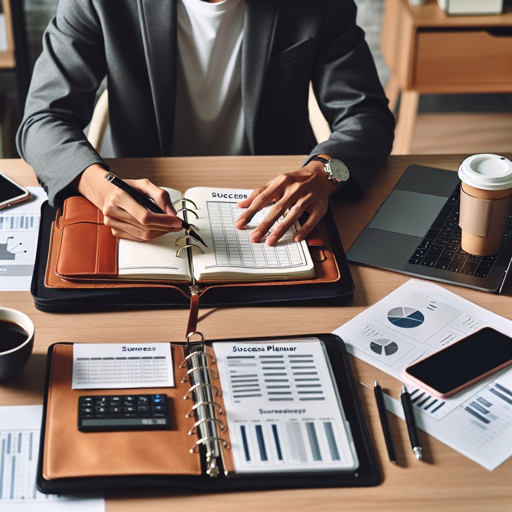 Une personne utilisant un Success Planner sur un bureau bien organisé, avec un ordinateur portable et des notes.