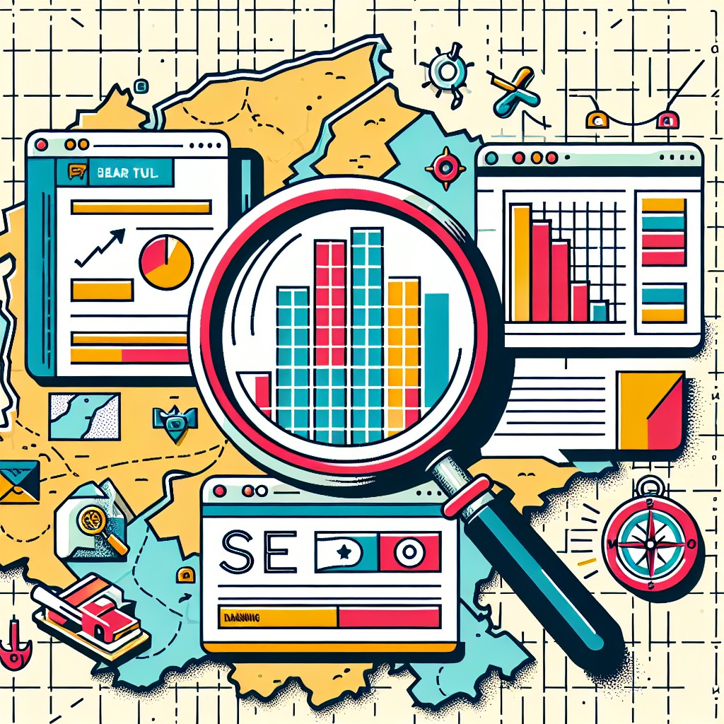 Une illustration représentant des éléments de SEO avec une carte de la Belgique en arrière-plan.