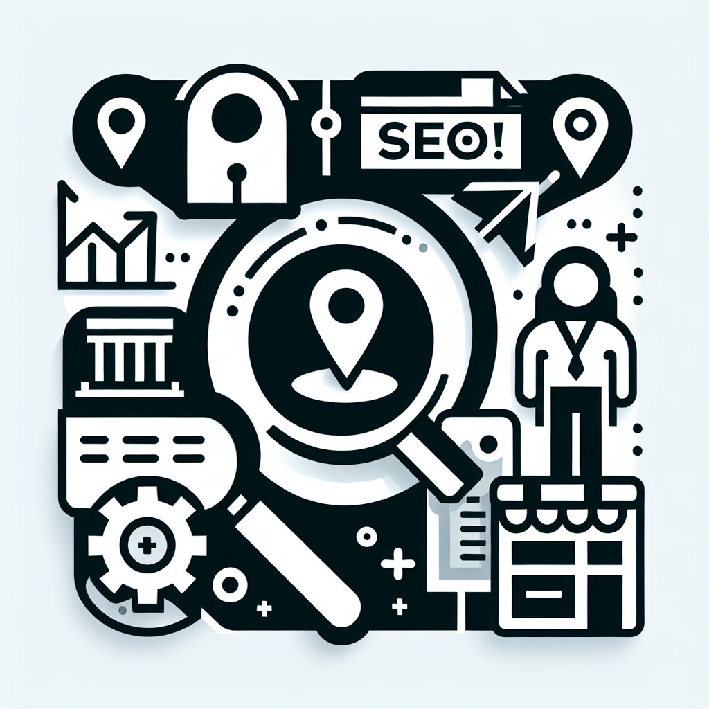 Image de couverture illustrant des éléments de SEO local avec des icônes de recherche géolocalisée et d'entreprise.