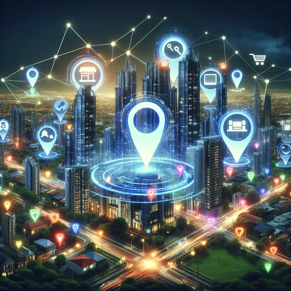 Une illustration montrant une ville avec des points de repère numériques et des icônes de localisation, symbolisant le SEO local en 2024.