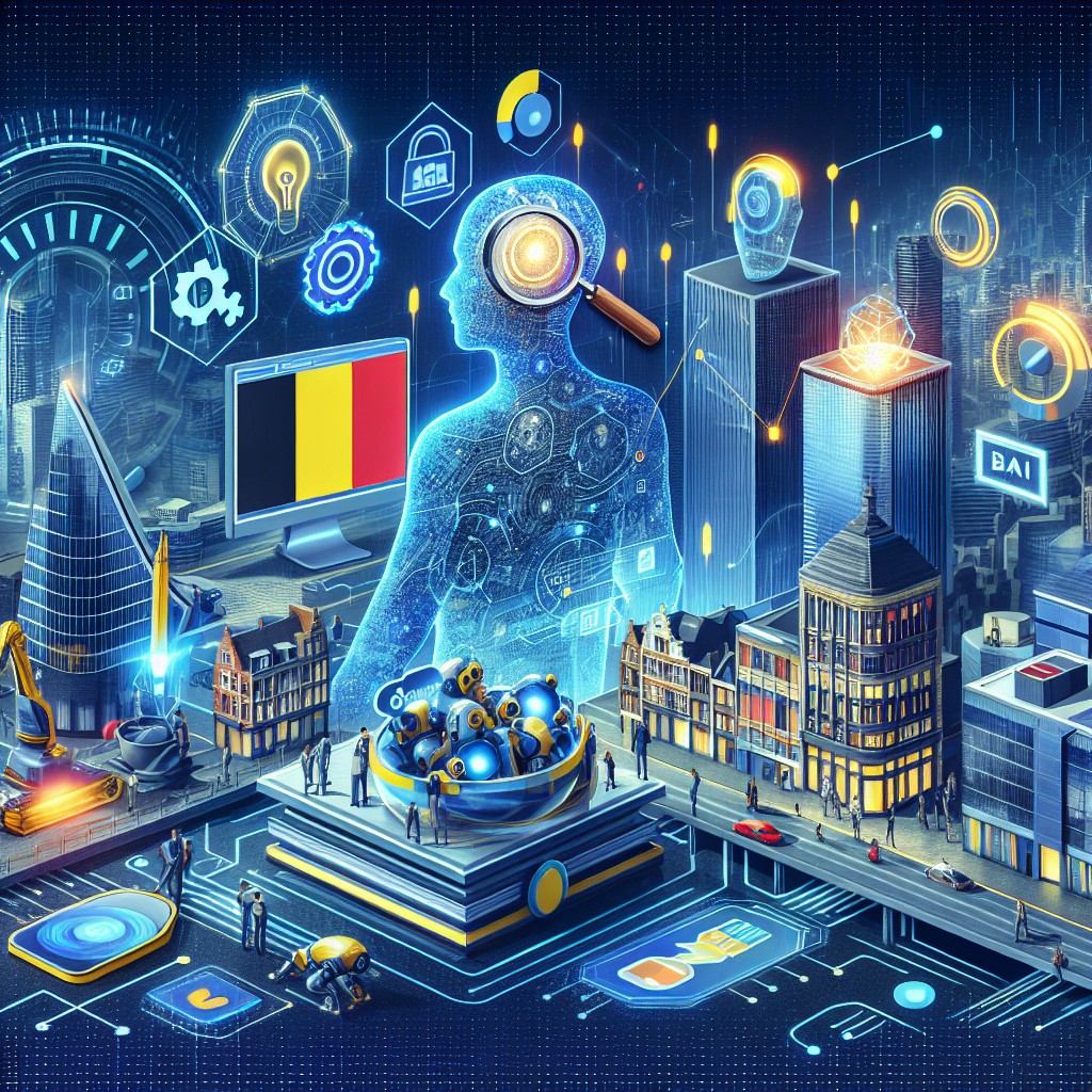 Une illustration représentant les transformations technologiques dans le SEO en Belgique avec des éléments visuels de l'intelligence artificielle et du mobile-first indexing.