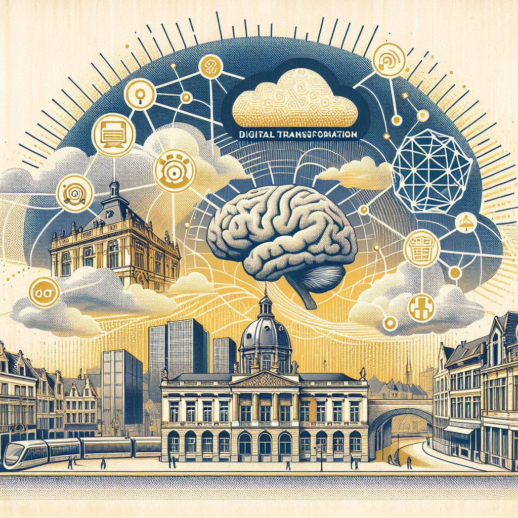 Image de couverture illustrant la transformation numérique en Wallonie avec des éléments technologiques contemporains comme le cloud computing, l'IA, et l'IoT.