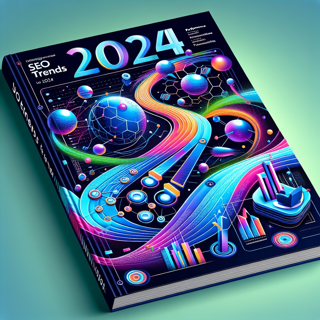 Couverture illustrant les tendances SEO pour 2024, avec des éléments visuels tels que des graphiques de performance, des algorithmes et des interfaces utilisateur modernes.