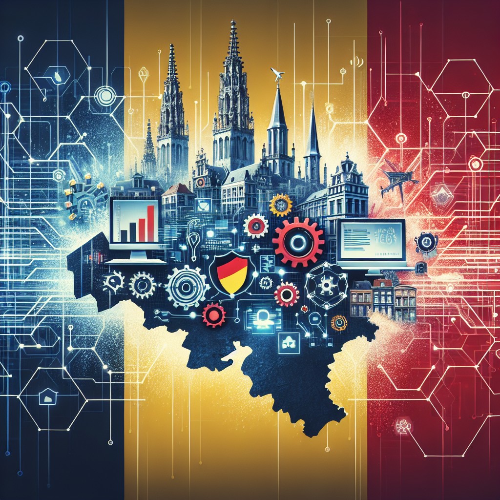 Image de couverture illustrant la convergence entre la technologie et le business en Belgique, avec des éléments de la carte du pays intégrés dans des icônes technologiques.