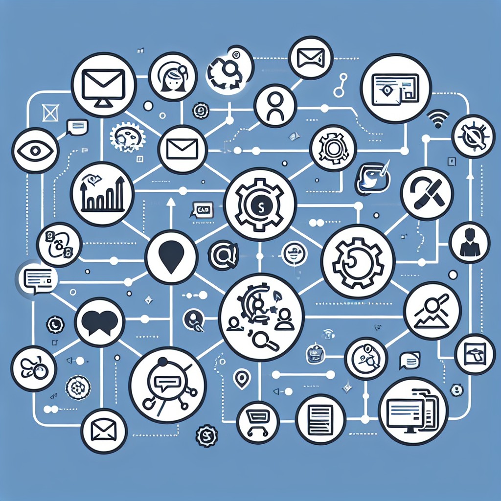 Un graphique montrant différentes icônes d'outils de marketing automatisé reliées entre elles représentant l'automatisation et l'efficacité.