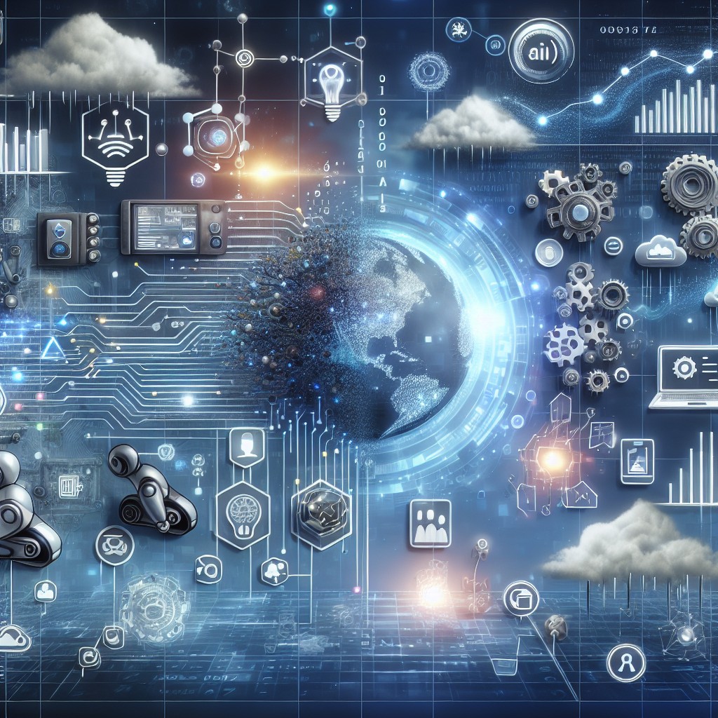 Illustration montrant une symbiose entre technologie et marketing, avec des éléments comme l'IA, le cloud et l'automatisation.