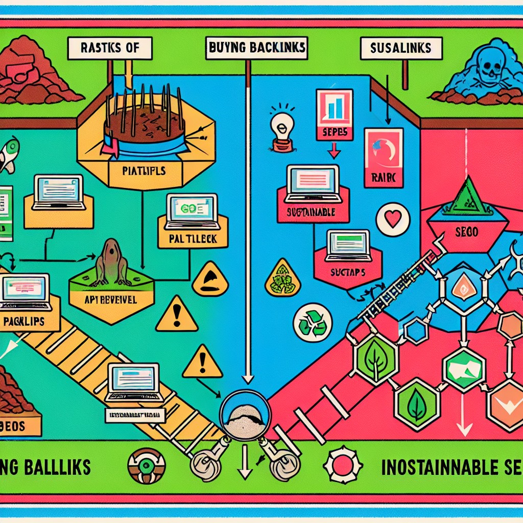 Un graphique illustrant divers pièges associés à l'achat de backlinks et des alternatives SEO durables.