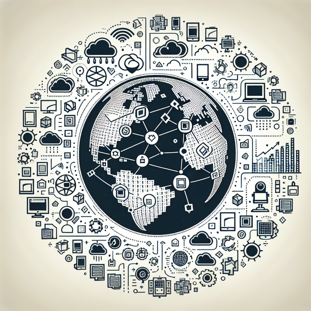 Une illustration représentant la transformation numérique des entreprises, symbolisée par des icônes de technologies digitales entourant un globe terrestre.