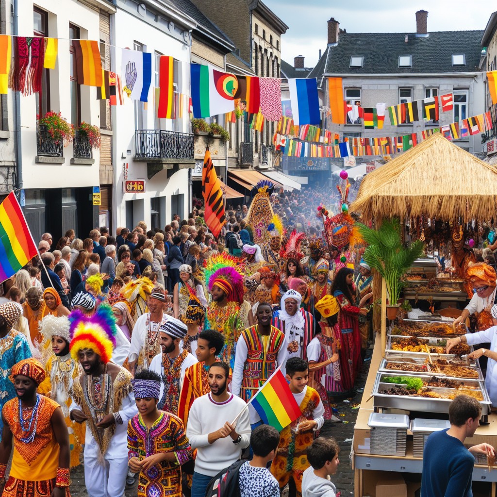 Festivités colorées à Namur avec des stands de nourriture traditionnelle et des défilés locaux.