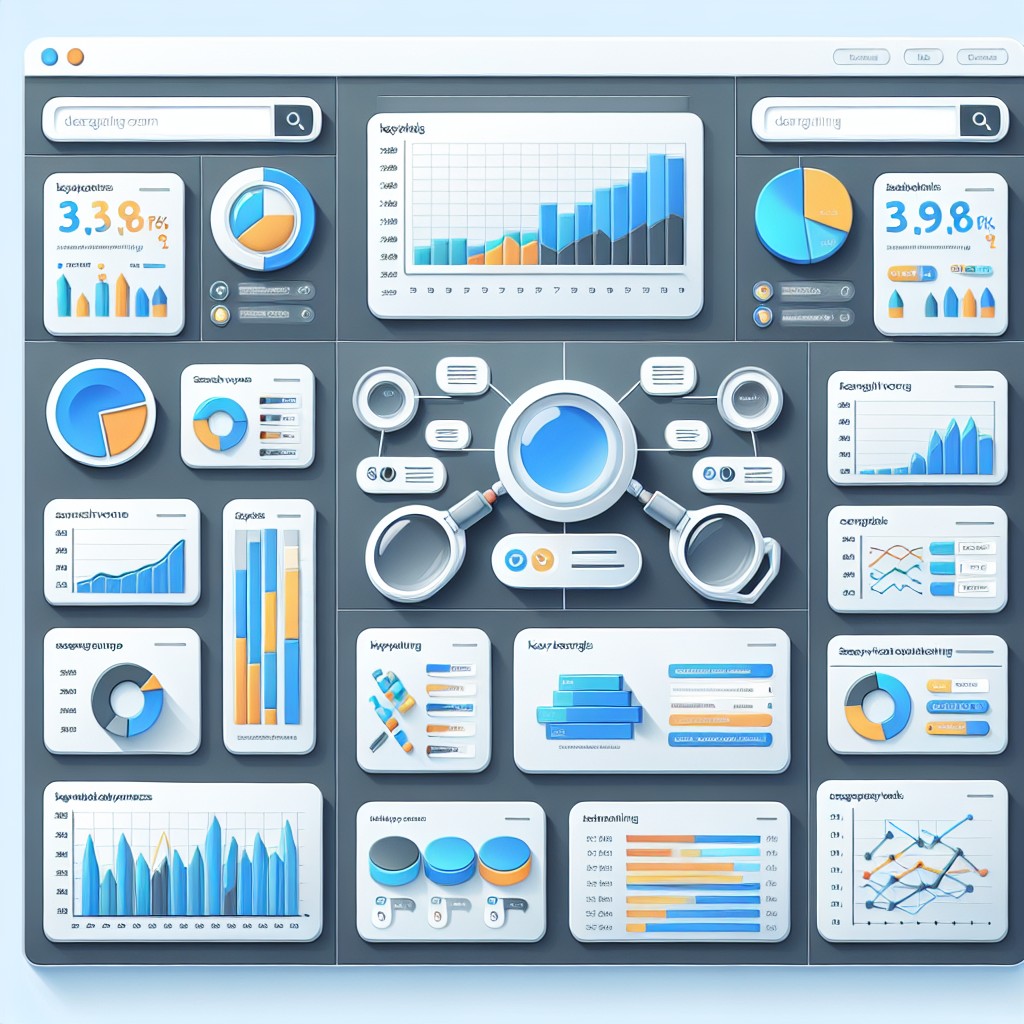 Vue d'ensemble d'un tableau de bord d'outils SEO montrant des graphiques et des analyses de mots-clés.