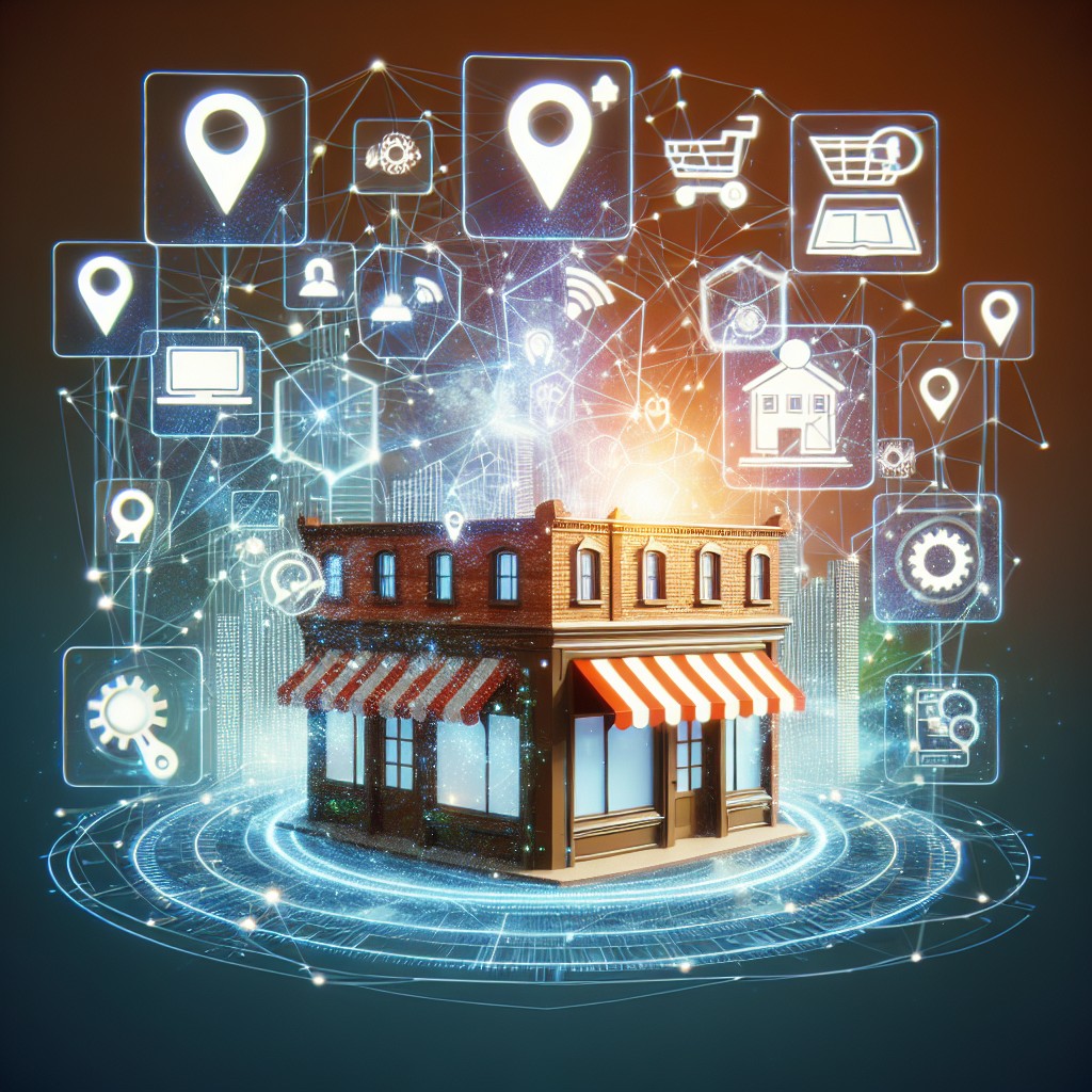 Une image représentant une entreprise locale connectée à un environnement digital, symbolisant l'utilisation de l'IA dans le SEO local