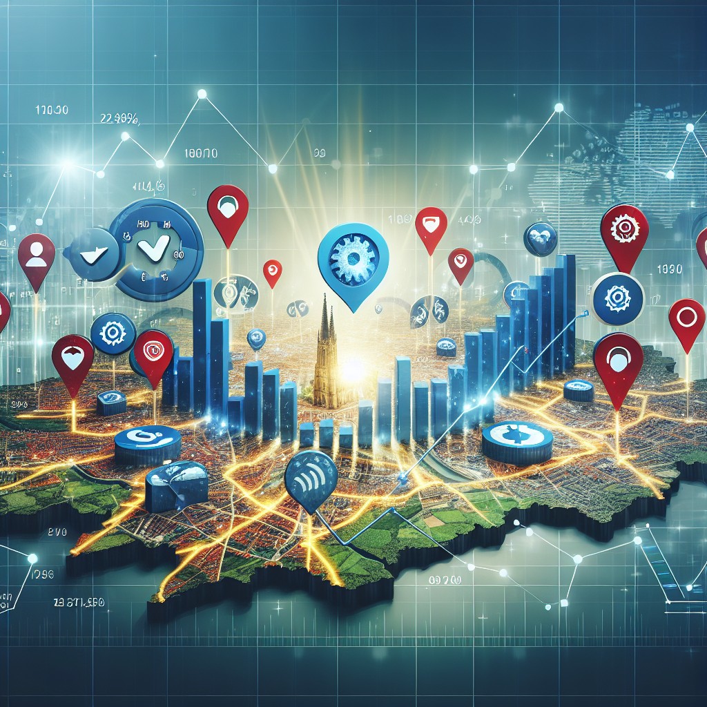 Une illustration représentant des graphes numériques et des icônes de marketing entourant une carte de la Wallonie, symbolisant la croissance du marketing digital dans la région.