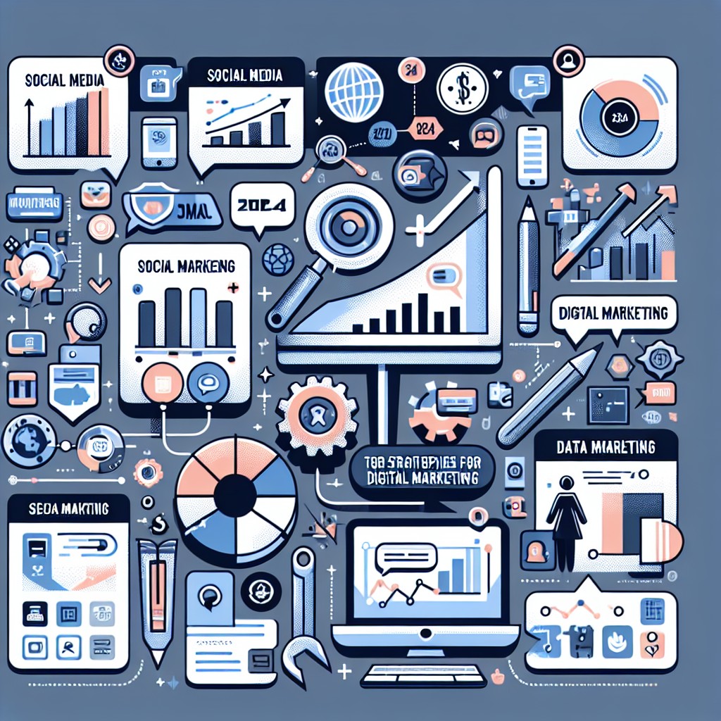 Une illustration représentant les outils et stratégies de marketing digital pour les PME en 2024, incluant des graphiques sur les tendances et une présence en ligne dynamique.