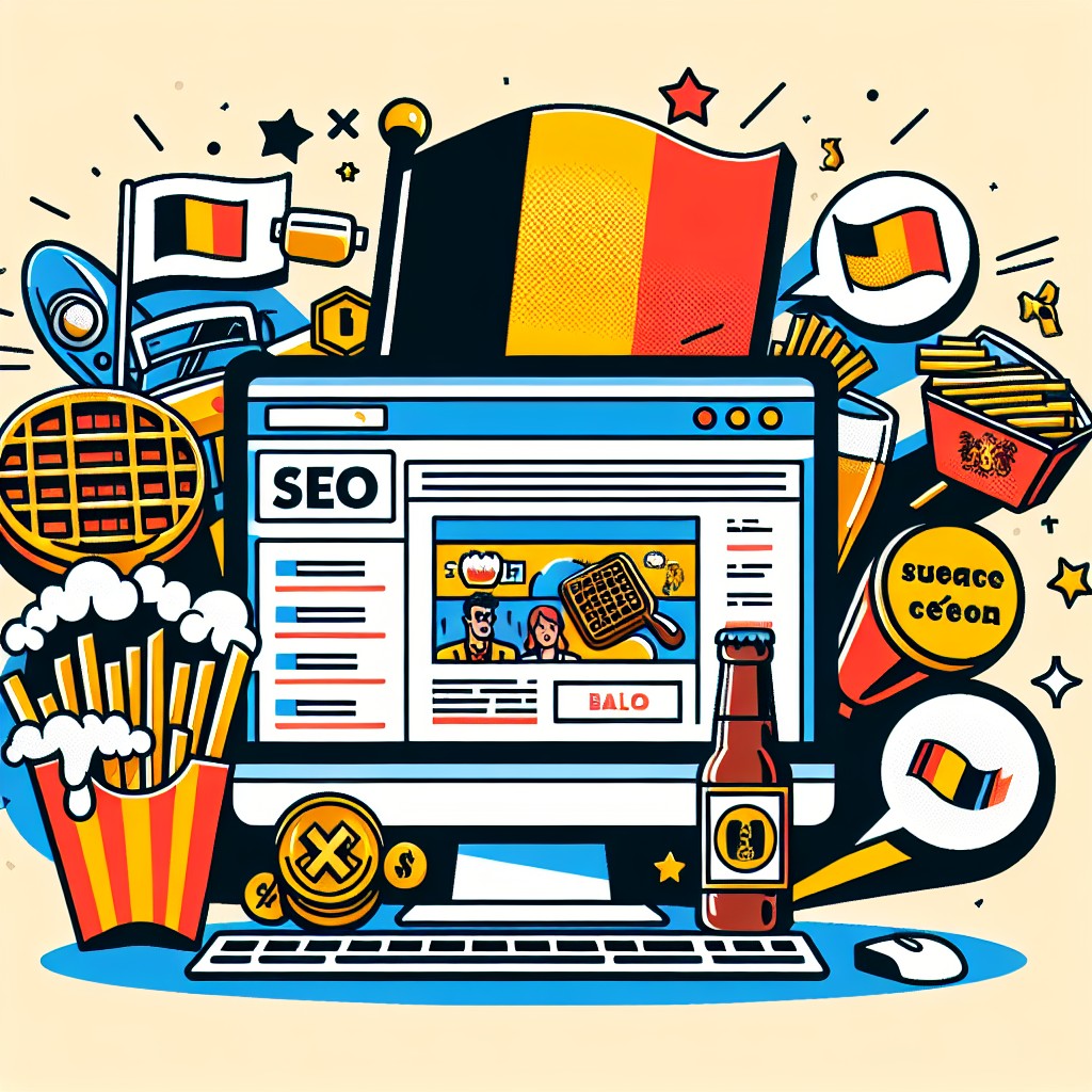 Couverture illustrant le SEO dans un e-commerce belge, intégrant des éléments culturels et linguistiques.