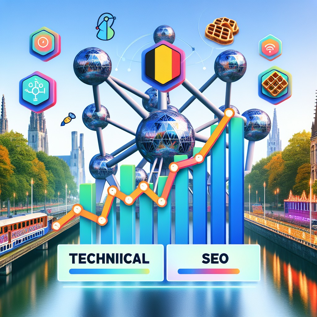 Graphique coloré montrant l'optimisation SEO technique sur un écran d'ordinateur avec des icônes de la Belgique en arrière-plan