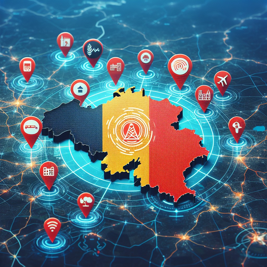 Alt text : Carte de la Belgique avec des icônes de signaux numériques et des points d'intérêt représentant le SEO local.