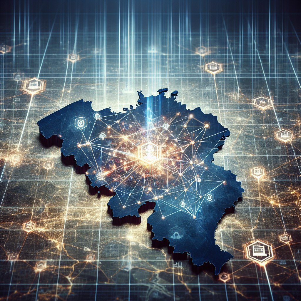 Visuel illustrant des liens numériques interconnectés sur une carte de la Belgique, symbolisant l'expansion digitale.