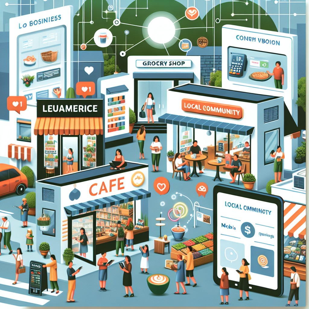 Image de couverture illustrant des entreprises locales dynamiques, interactives avec leur communauté en utilisant des technologies modernes.