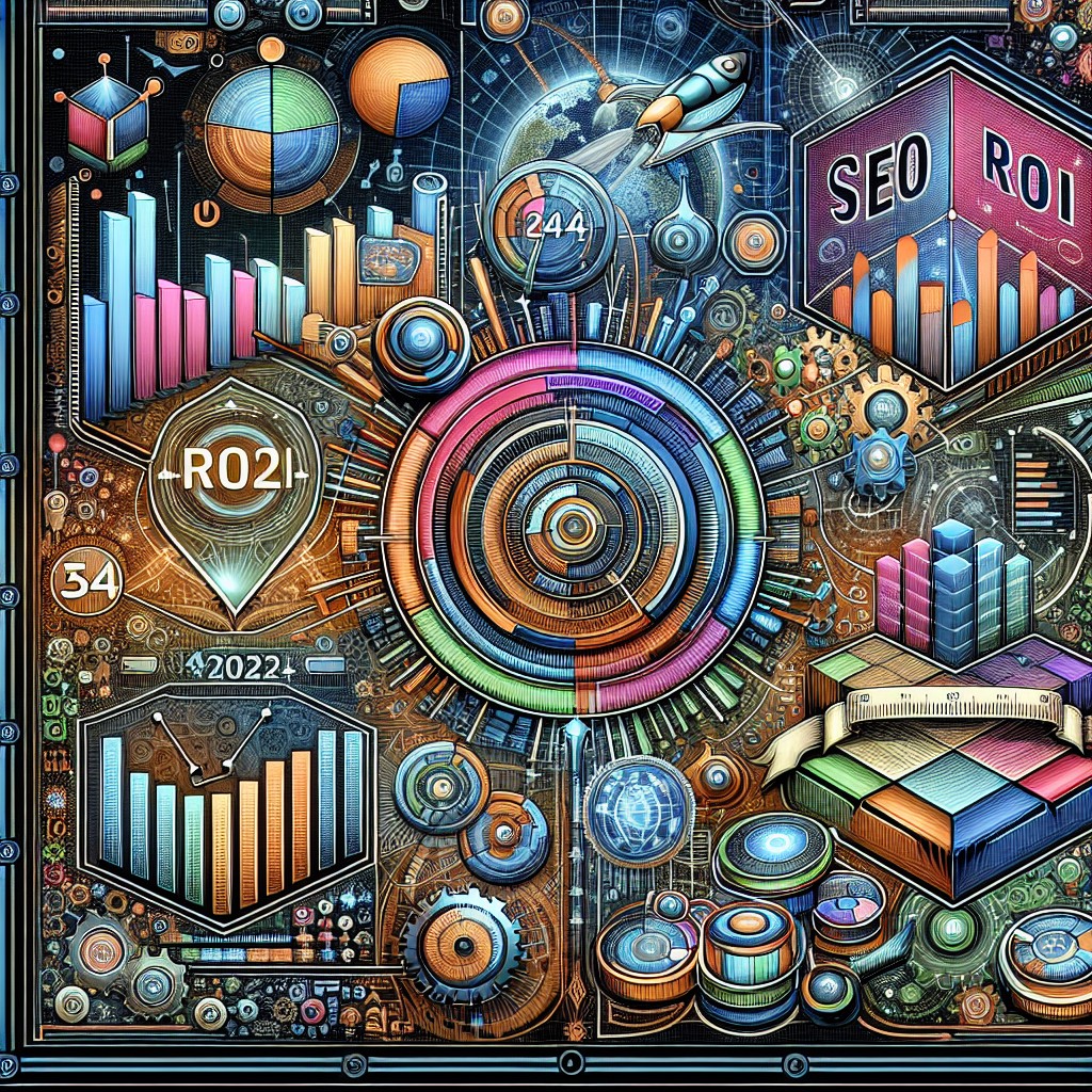 Image de couverture illustrant l'importance du SEO et du ROI en 2024, avec des éléments visuels de diagrammes, graphiques et tendances technologiques.