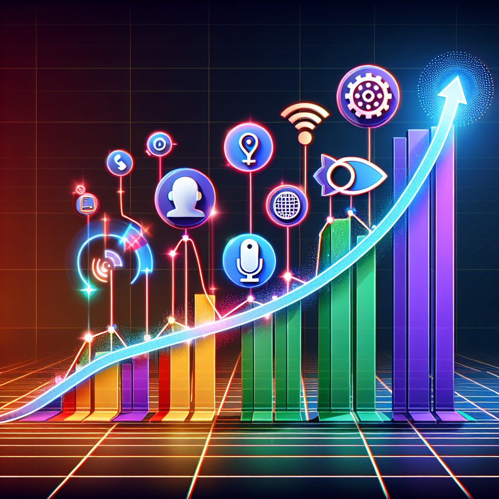 Image montrant une courbe de croissance des performances SEO avec des icônes représentant la recherche vocale, l'IA et la convivialité mobile.