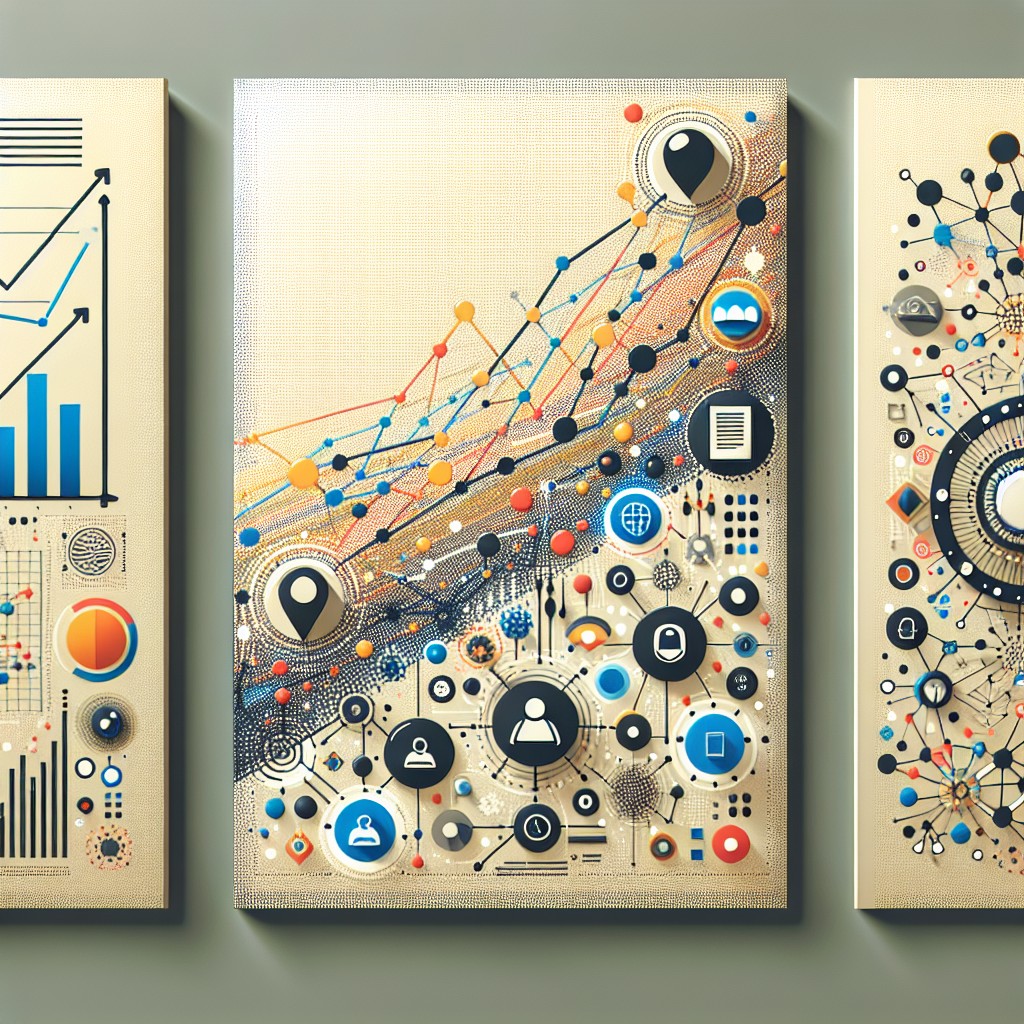 Image de couverture d'une entreprise en ligne prospère, avec des graphismes représentant diversification, croissance et interaction numérique.