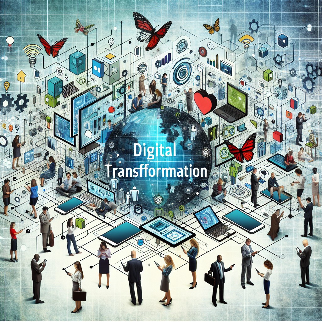 Couverture représentant la transformation digitale avec des éléments technologiques et des interactions humaines.