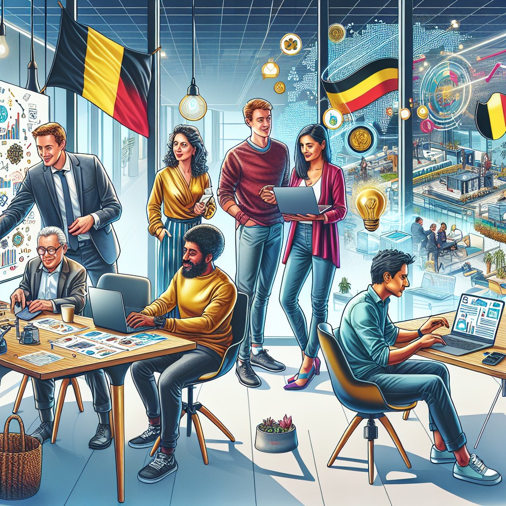 Une illustration montrant des entrepreneurs belges collaborant dans un espace de coworking moderne, symbolisant l'innovation et le dynamisme des startups.