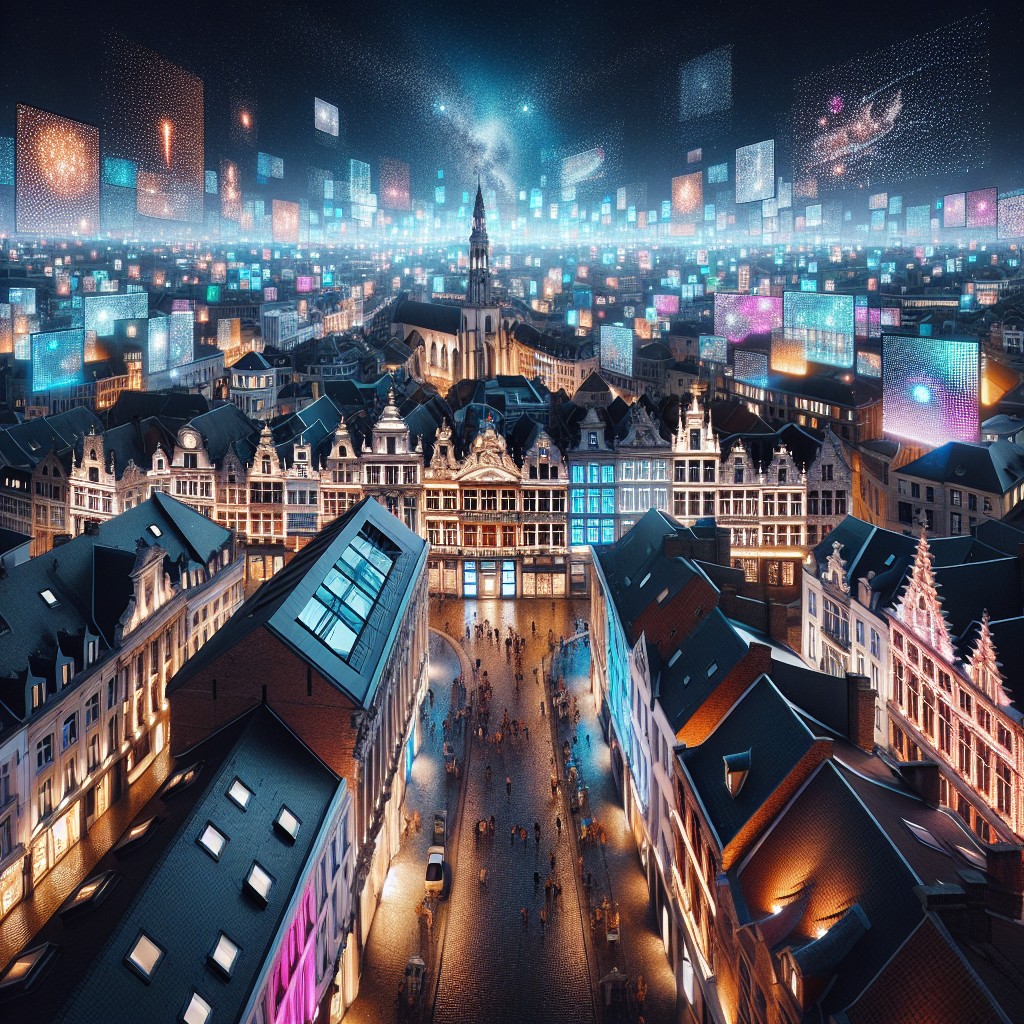 Vue panoramique d'une ville wallonne illuminée par des technologies numériques de pointe.