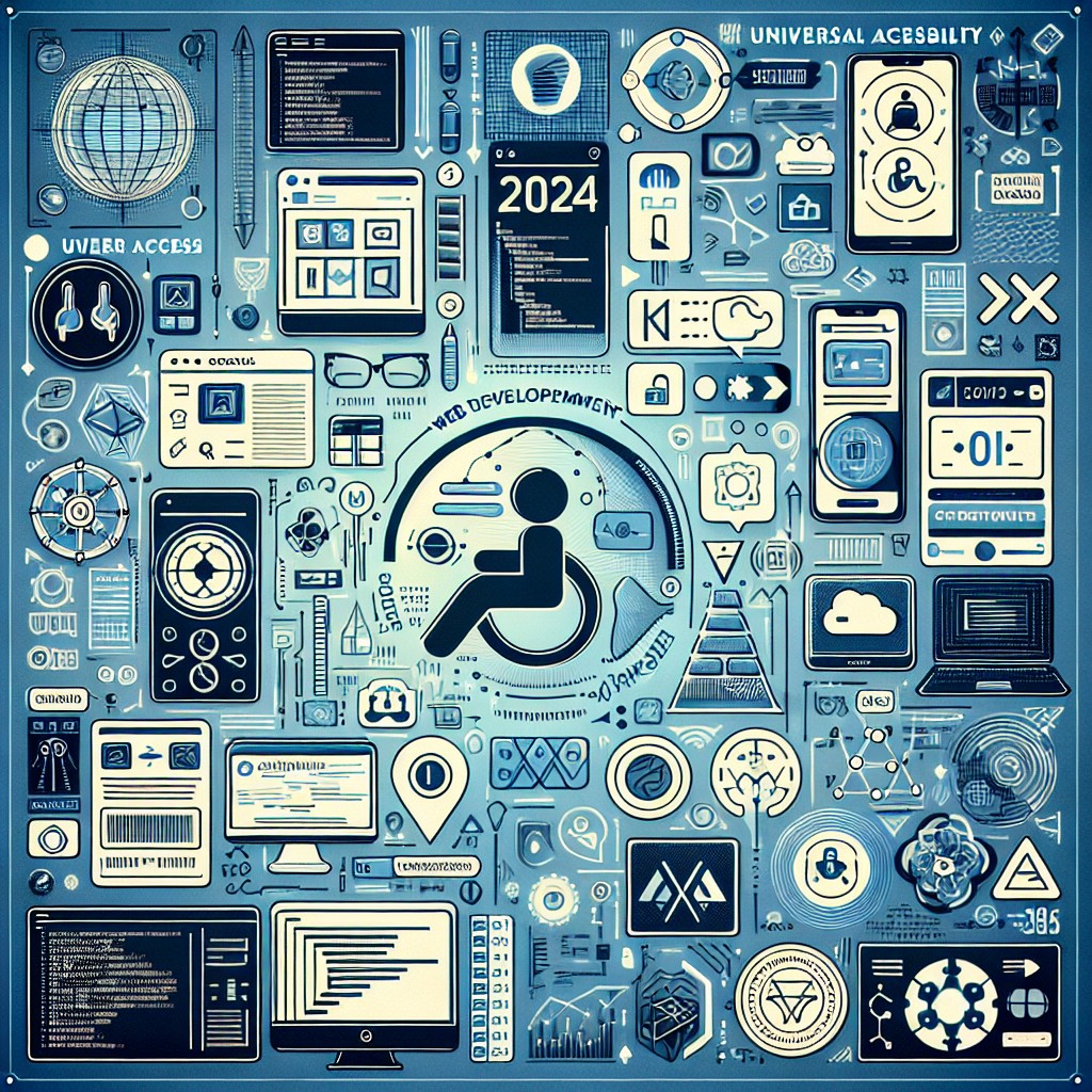 Image de couverture illustrant les tendances du développement web en 2024, avec des icônes de technologies modernes et des concepts d'accessibilité.