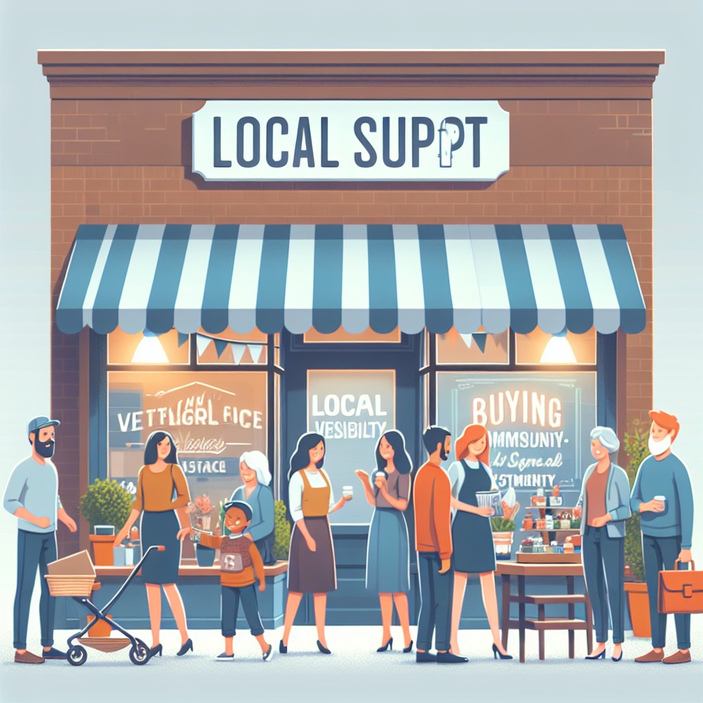 Image montrant une petite entreprise locale avec des clients heureux interagissant devant le magasin, symbolisant une forte visibilité locale et une communauté engagée.