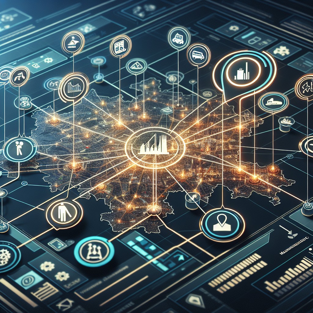 Une carte numérique de la Wallonie avec des icônes représentant des entreprises connectées et des éléments de design web modernes.