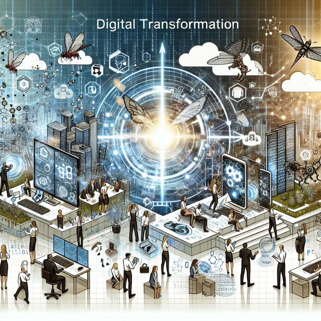 Couverture illustrant la transformation digitale avec des éléments technologiques modernes et des entreprises en mutation.