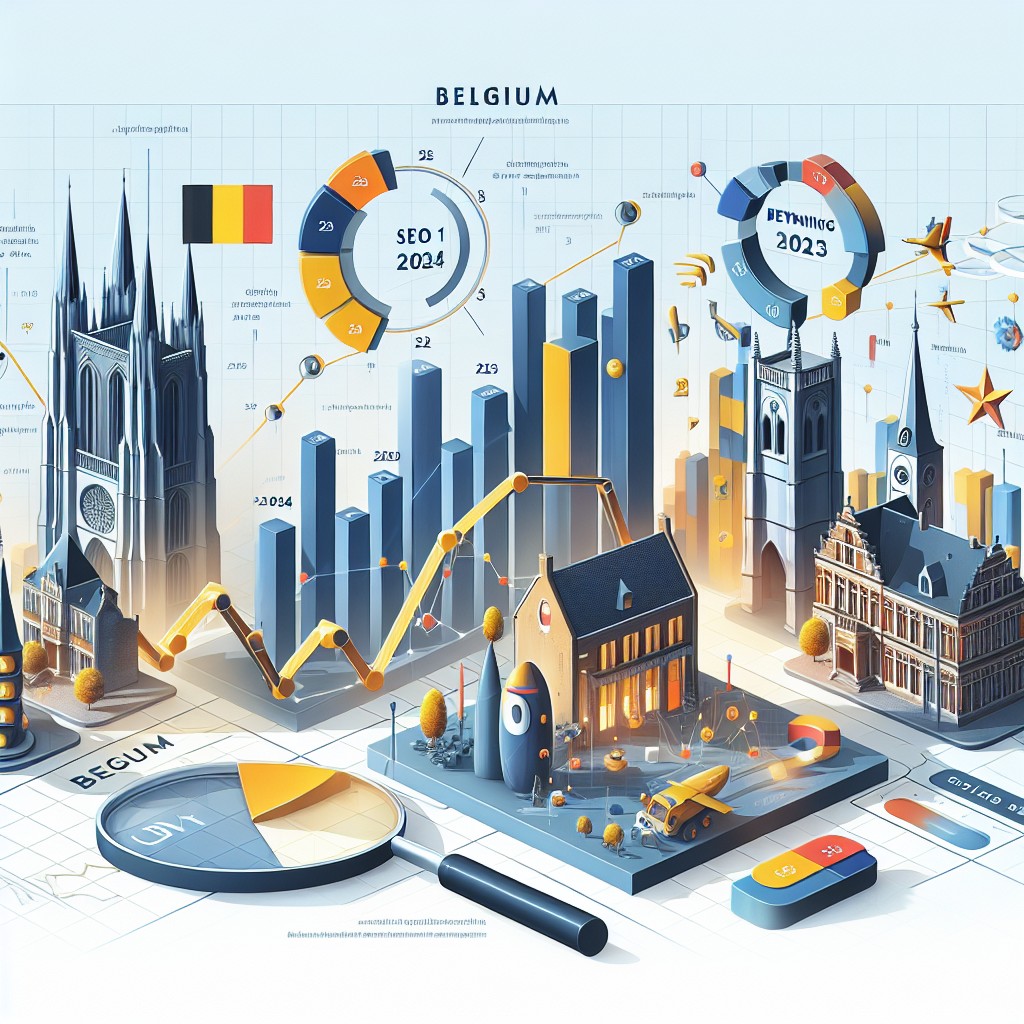 Couverture illustrant les tendances de l'analyse de mots-clés en Belgique en 2024, avec des outils SEO et graphiques de données.